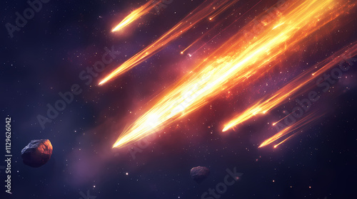 A swarm of asteroids, isolated, banner format. Meteor. Illustration