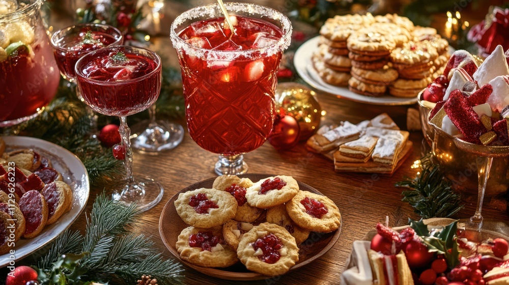Festive Holiday Table with Colorful Treats and Drinks for Celebration Festive Holiday Table with Colorful Treats and Drinks for Celebration