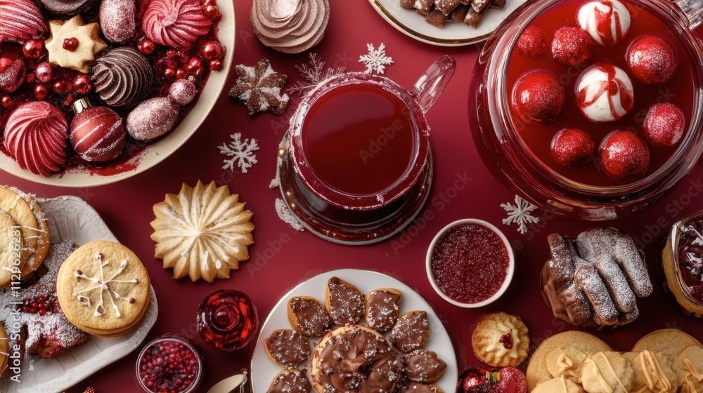 Festive Dessert Table with Cookies, Cakes, and Holiday Decorations Festive Dessert Table with Cookies, Cakes, and Holiday Decorations