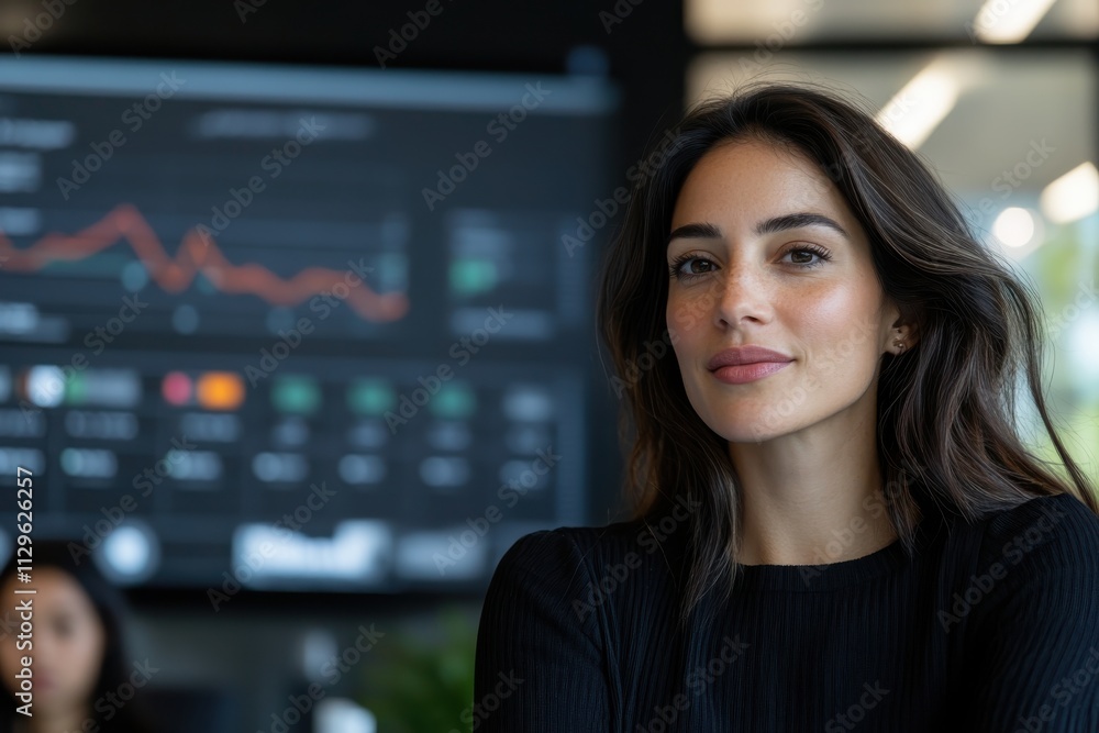 A poised and confident businesswoman smiles at the camera amidst a dynamic workspace, surrounded by digital trade analytics and business performance visuals. A poised and confident businesswoman smiles at the camera amidst a dynamic workspace, surrounded by digital trade analytics and business performance visuals.