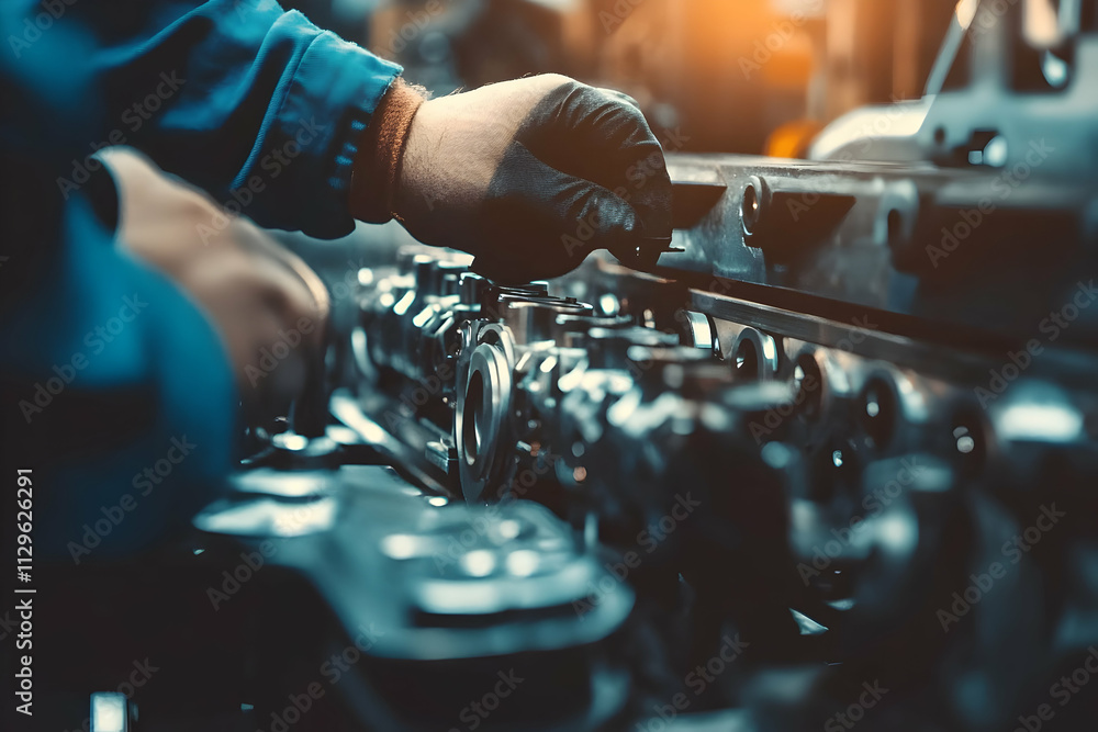 Close-up of car disk brake replacement, with a mechanic’s hands actively working on it, AI Generated Close-up of car disk brake replacement, with a mechanic’s hands actively working on it, AI Generated
