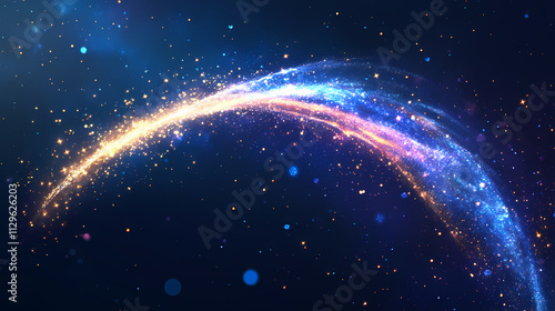 An arc of shooting stars with gold and blue sparkles. a neon curve arch line with glitter sparkles. an overlay element featuring a glowing celebration overlay. Meteor. Illustration photo