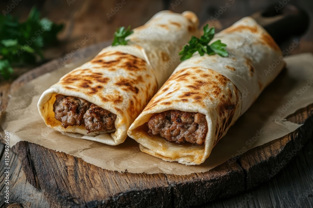 Greek skewers and gyros in pita on wood Greek skewers and gyros in pita on wood