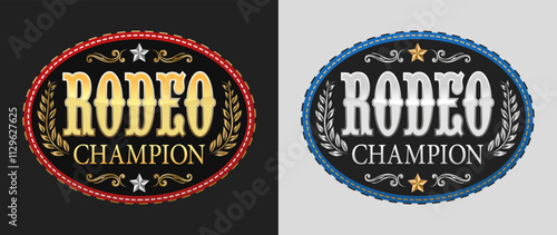 Rodeo Champion Cowboy Label belt buckle old west cowboy style emblem vector oval design