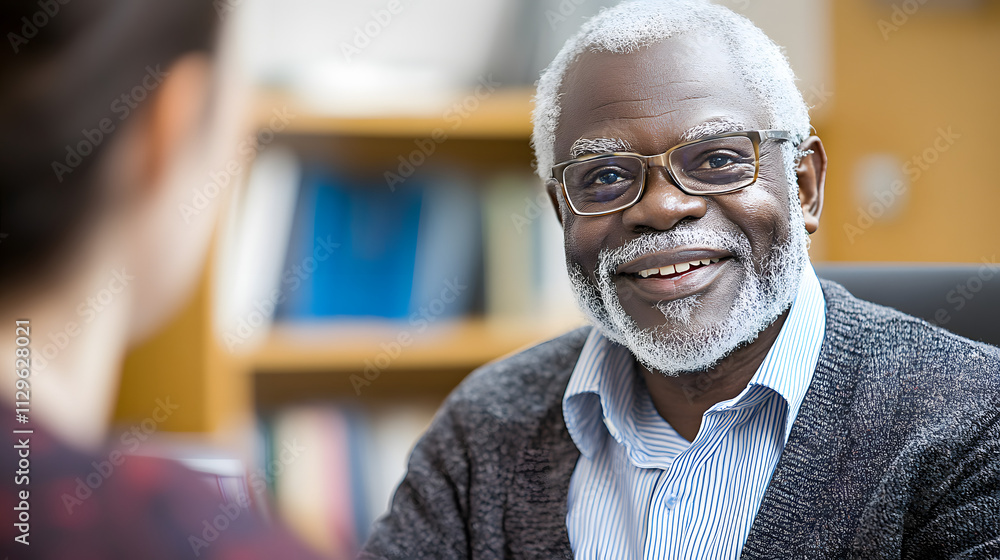 A friendly senior African American man with glasses smiles warmly while speaking with someone off-camera. The setting appears to be a professional office. A friendly senior African American man with glasses smiles warmly while speaking with someone off-camera. The setting appears to be a professional office.