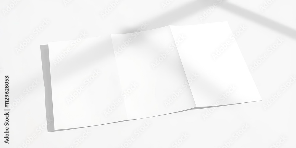 Two bifold brochure mockups displayed on a white table with shadows, advertising, mockup, empty Two bifold brochure mockups displayed on a white table with shadows, advertising, mockup, empty