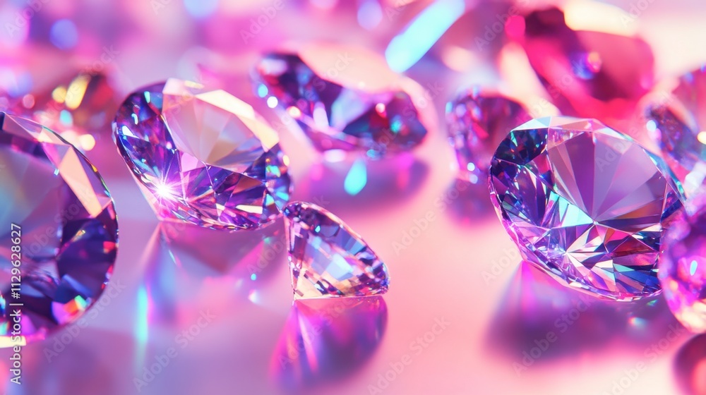 Colorful Sparkling Gems on Surface with Soft Pink Background Colorful Sparkling Gems on Surface with Soft Pink Background