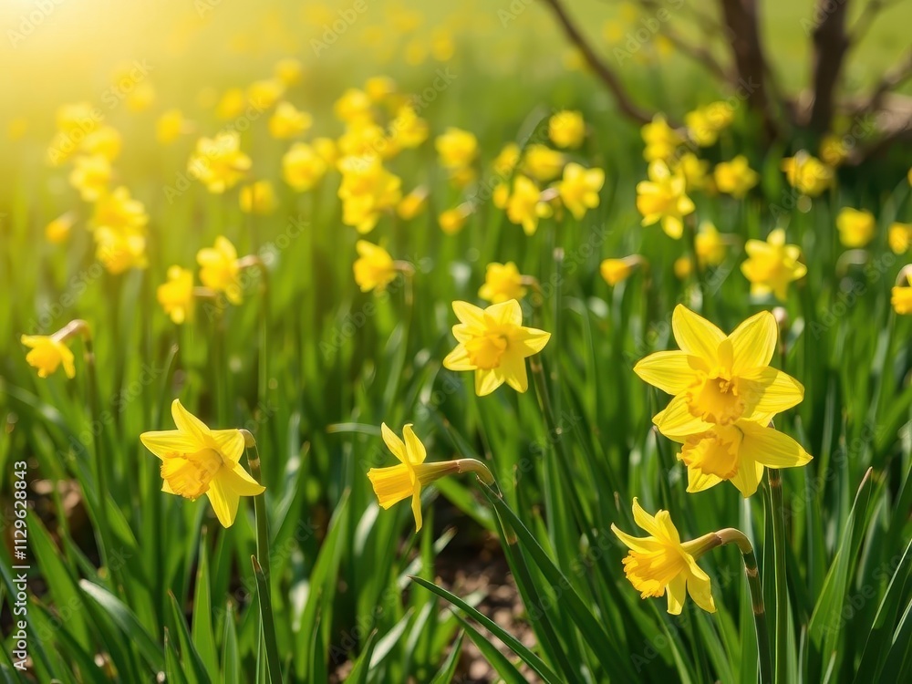 Vibrant yellow daffodil flowers blooming in a vast field under the bright sun, green, sunny, yellow Vibrant yellow daffodil flowers blooming in a vast field under the bright sun, green, sunny, yellow