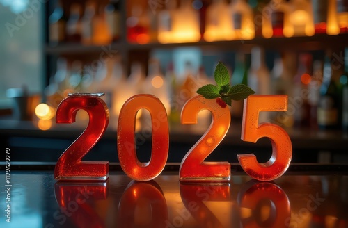 The numbers 2025 in the form of drinks are on the bar counter