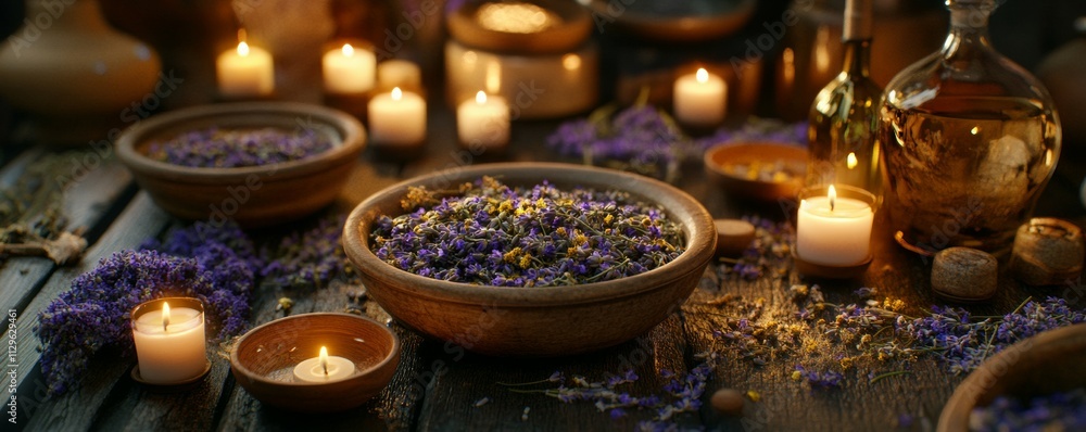 Lavender buds and dried chamomile in small bowls, surrounded by candles and herbal oils, peaceful beauty ritual Lavender buds and dried chamomile in small bowls, surrounded by candles and herbal oils, peaceful beauty ritual