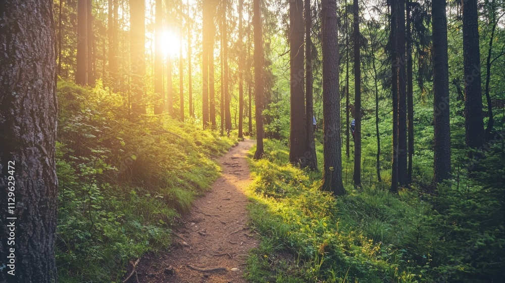Obraz premium A scenic view of a winding trail leading through a dense forest, with sunlight filtering through the trees. A hiker is seen walking along the path, emphasizing the beauty and serenity of nature