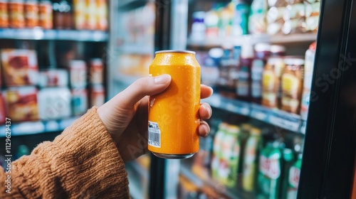 Hand selecting an orange canned beverage from a refrigerated aisle in a convenience store.