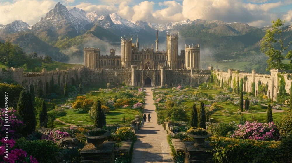 Obraz premium Majestic Castle Surrounded by Lush Gardens and Towering Mountains