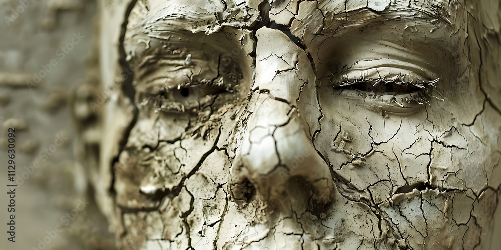 Close-Up of a Face Covered in Cracked Dried Mud, Creating an Intriguing Visual of Hardship, Survival, and Raw Emotion in a Striking Portrait Close-Up of a Face Covered in Cracked Dried Mud, Creating an Intriguing Visual of Hardship, Survival, and Raw Emotion in a Striking Portrait