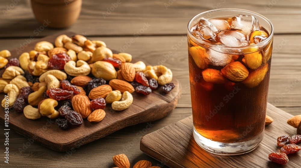 Refreshing Drink with Ice and Assorted Nuts on Wooden Table Refreshing Drink with Ice and Assorted Nuts on Wooden Table