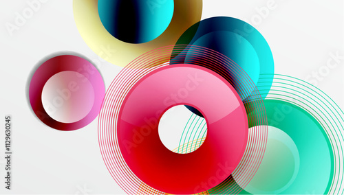 Sleek vector design with overlapping circles in vibrant colors and smooth gradients. Dynamic composition with depth, symmetry, and minimalistic elegance on a light background