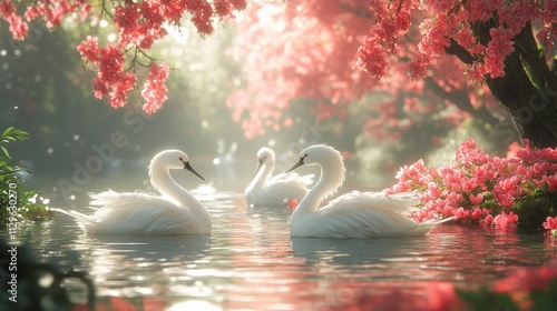 Serene Scene of Majestic Swans Gliding Gracefully Through a Tranquil Pond Surrounded by Lush Cherry Blossoms in Full Bloom Amidst Soft Morning Light photo