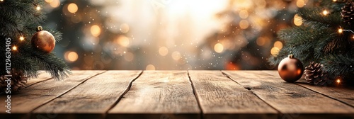 Warm Christmas Scene, Cozy Wooden Platform with Twinkling Lights and Bauble Garland, Depth Created by Bokeh Light Flares, Serene and Inviting Holiday Cheer