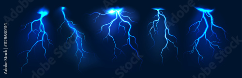 Realistic lightning. Thunder storm blue flash lightnings. Electric strike, thunderbolt bright light effect, power energy charge. Vector isolated set.