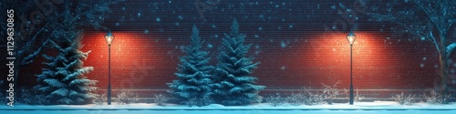 Serene Urban Winter Scene with Old Brick Wall and Red Lights, Dusk Atmosphere