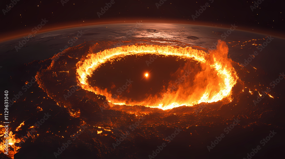 A giant flaming impact crater on planet earth. viewed from space. the big bang. extinction event. Meteor. Illustration A giant flaming impact crater on planet earth. viewed from space. the big bang. extinction event. Meteor. Illustration
