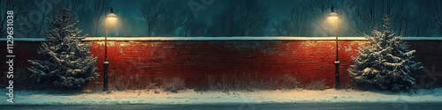 Winter Night Scene, Snow-covered Fence, Red Brick Building, Light Post, Starry Sky
