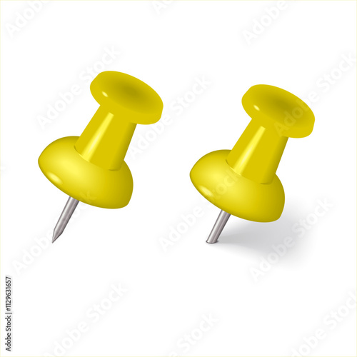 The yellow Colorful thumbtack. Glossy plastic pin tacks. Yellow pushpin icon isolated on white. Pins tacks. Realistic pushpins. Vector 3d illustration. Office stationery. 