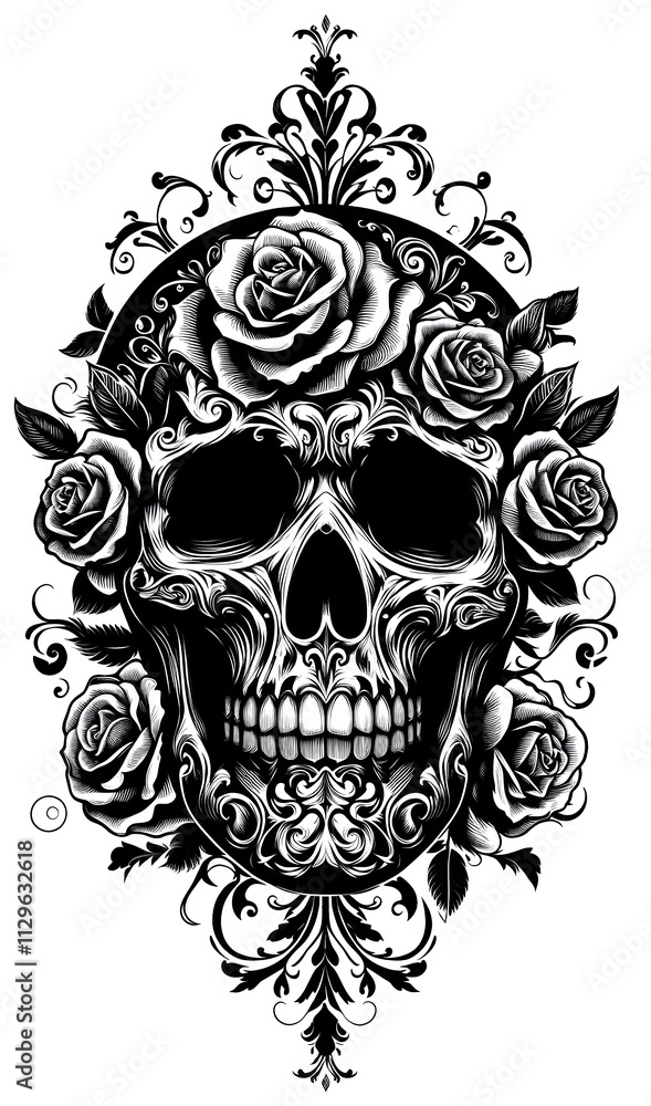 Skull with flowers and roses black and white Skull with flowers and roses black and white