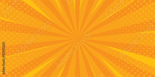 Bright orange-yellow gradient abstract background. Orange comic sunburst effect background with halftone. Suitable for templates, sales banners, events, ads, web, and pages