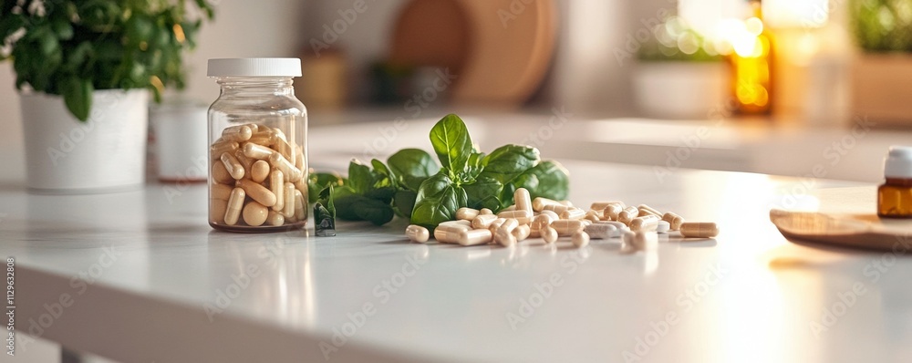 Modern kitchen with supplements on the counter, healthy and stylish, promoting daily wellness in lifestyle Modern kitchen with supplements on the counter, healthy and stylish, promoting daily wellness in lifestyle