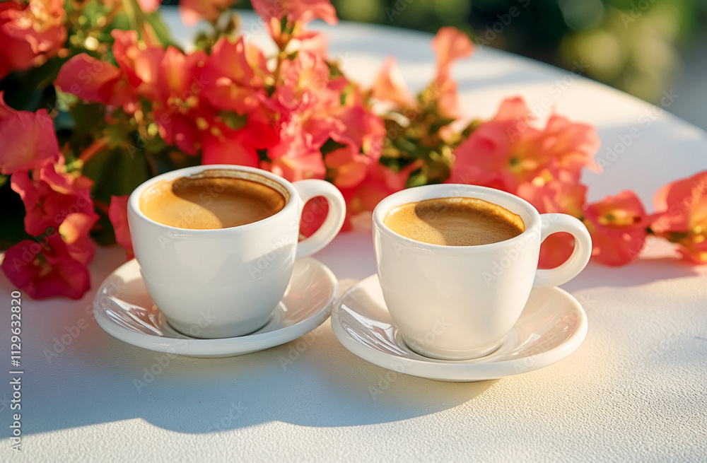 Two coffee cups sit beside blooming pink bougainvillea in a bright outdoor setting during morning light Two coffee cups sit beside blooming pink bougainvillea in a bright outdoor setting during morning light