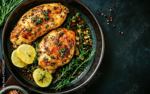 Herb infused chicken piccata on table close up photo