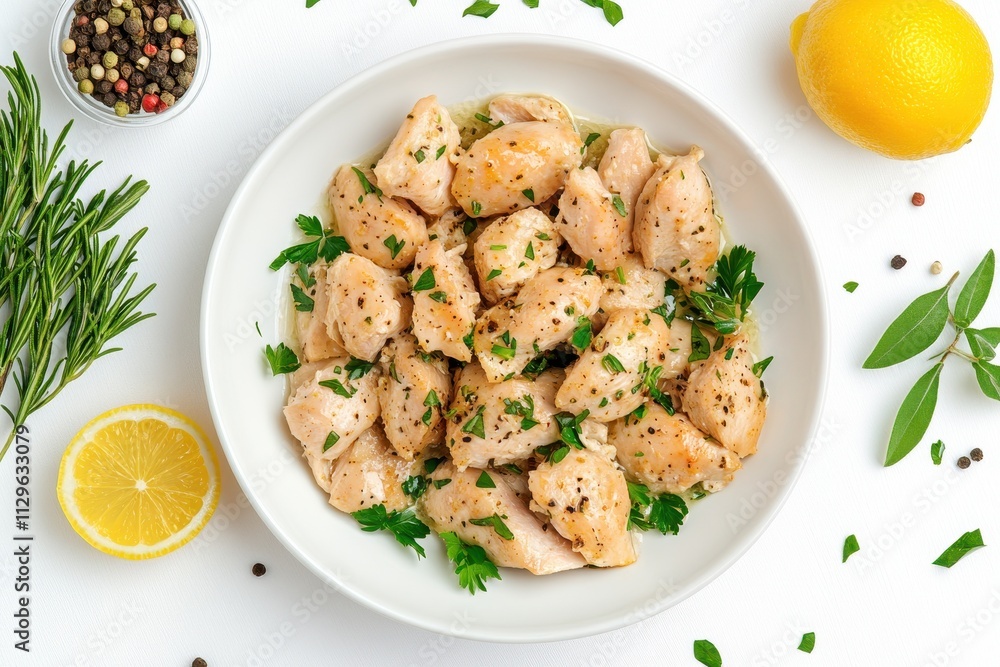Herb seasoned chicken piccata on white background overhead view Herb seasoned chicken piccata on white background overhead view