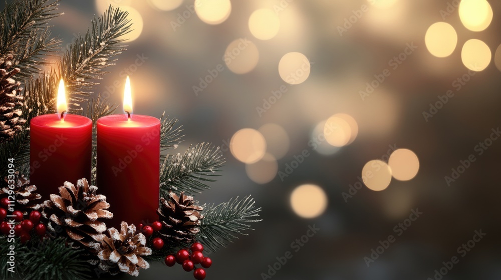 Two red candles burn brightly amidst pine branches, pinecones, and red berries, enhancing a warm and inviting winter ambiance. Soft lights create a magical backdrop Two red candles burn brightly amidst pine branches, pinecones, and red berries, enhancing a warm and inviting winter ambiance. Soft lights create a magical backdrop