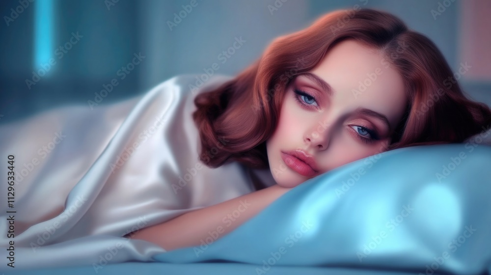 A dreamy image of a woman with red hair and blue eyes lying on a silky blue bedspread, conveying a sense of ethereal beauty and nighttime serenity. A dreamy image of a woman with red hair and blue eyes lying on a silky blue bedspread, conveying a sense of ethereal beauty and nighttime serenity.