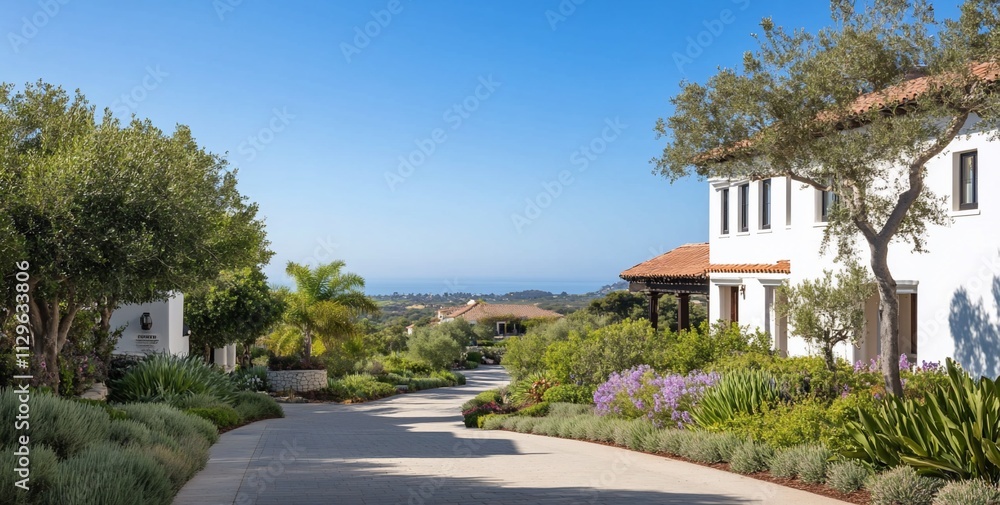 Scenic view of a landscaped pathway leading to coastal homes. Scenic view of a landscaped pathway leading to coastal homes.