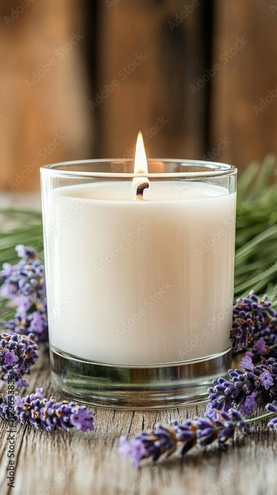 A tranquil arrangement features a lit candle next to lavender sprigs and essential oil bottles, creating a calming atmosphere perfect for relaxation and self-care moments A tranquil arrangement features a lit candle next to lavender sprigs and essential oil bottles, creating a calming atmosphere perfect for relaxation and self-care moments