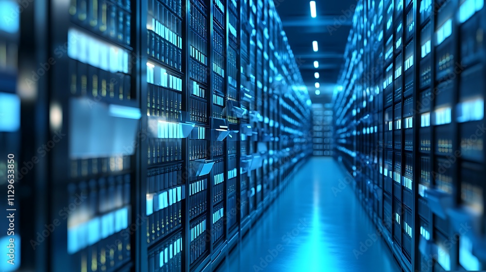 Futuristic Server Room: Rows of Data Storage Units in a Modern Data Center Futuristic Server Room: Rows of Data Storage Units in a Modern Data Center
