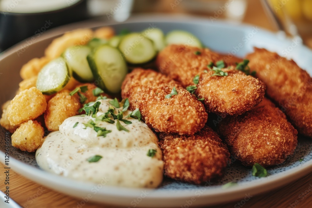 Homemade breaded German schnitzel with pickles house made mayo and fried croquettes Homemade breaded German schnitzel with pickles house made mayo and fried croquettes
