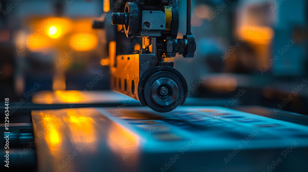 Close-up view of a press printing machine in action showcasing colorful ink layers in production modern publishing industry concept of creativity precision innovation and mass communication in a blurr Close-up view of a press printing machine in action showcasing colorful ink layers in production modern publishing industry concept of creativity precision innovation and mass communication in a blurr