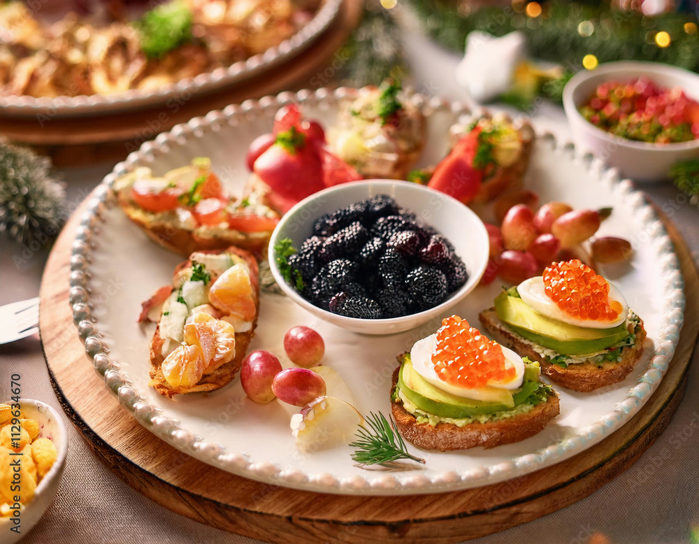 A variety of elegant canapés and appetizers featuring caviar, avocado, berries, and fresh herbs are beautifully arranged on a decorative white serving platter. A variety of elegant canapés and appetizers featuring caviar, avocado, berries, and fresh herbs are beautifully arranged on a decorative white serving platter.