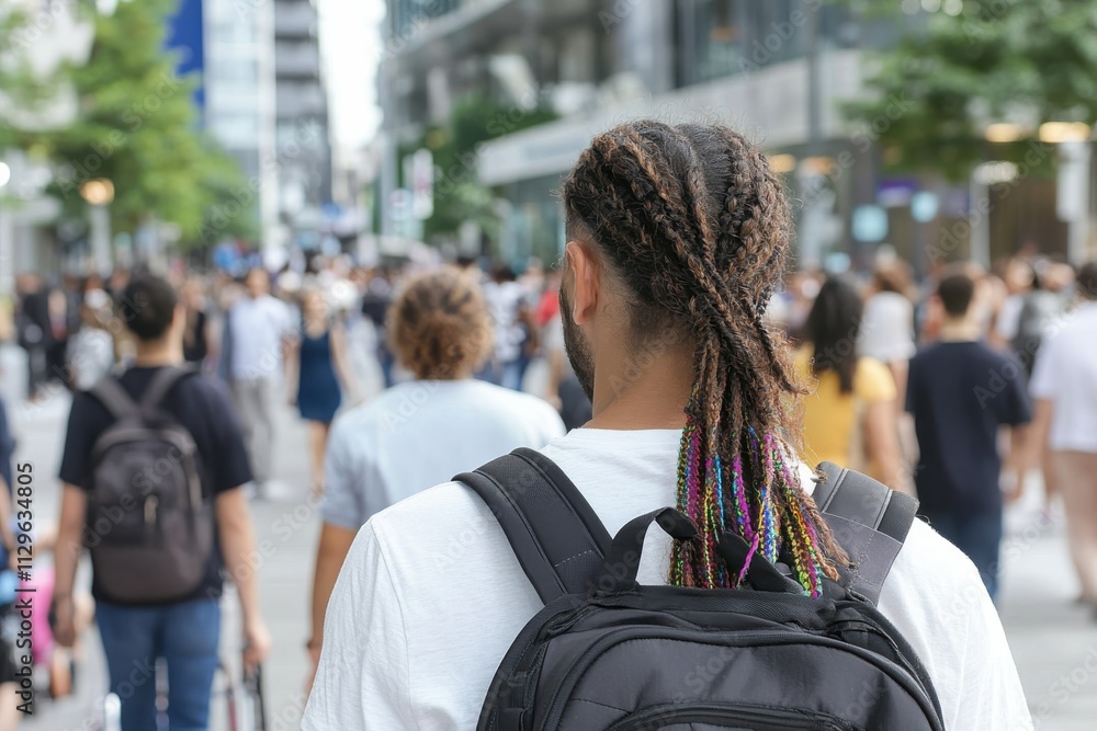 A young person with brightly colored braided hair walks through a crowd, showcasing the diversity and vibrancy of urban life in a popular street. A young person with brightly colored braided hair walks through a crowd, showcasing the diversity and vibrancy of urban life in a popular street.