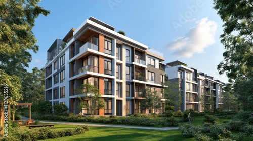 A modern apartment block surrounded by green landscapes.