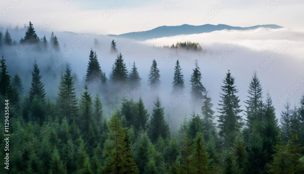 Tranquil and serene atmosphere created by misty fog over a dense coniferous forest on the slopes of a majestic mountain range Tranquil and serene atmosphere created by misty fog over a dense coniferous forest on the slopes of a majestic mountain range