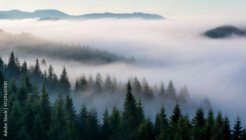 Sunrise over the mountain valley with low clouds, fog, and evergreen trees on the slopes Sunrise over the mountain valley with low clouds, fog, and evergreen trees on the slopes
