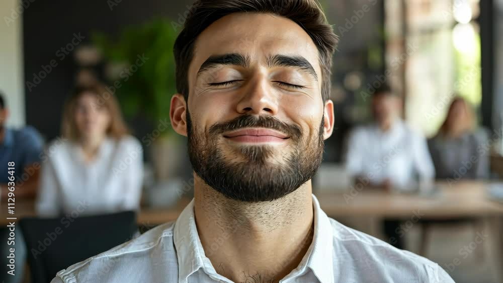Man enjoying a moment of calm during a workshop in a modern workspace setting Man enjoying a moment of calm during a workshop in a modern workspace setting