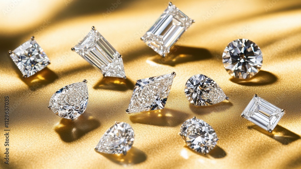 Elegant Collection of Assorted Diamond Shapes on Golden Background Elegant Collection of Assorted Diamond Shapes on Golden Background