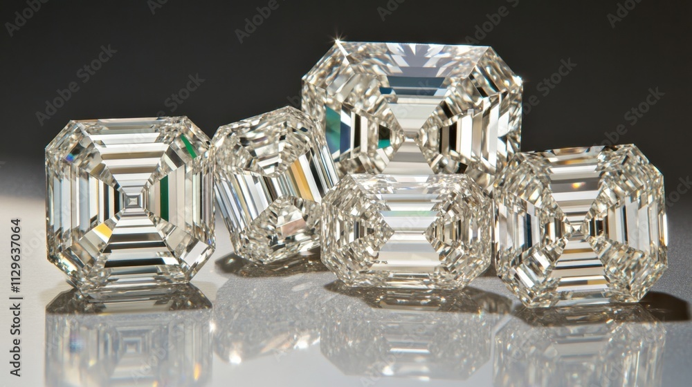 Elegant Assortment of Sparkling Cut Diamonds on Reflective Surface Elegant Assortment of Sparkling Cut Diamonds on Reflective Surface