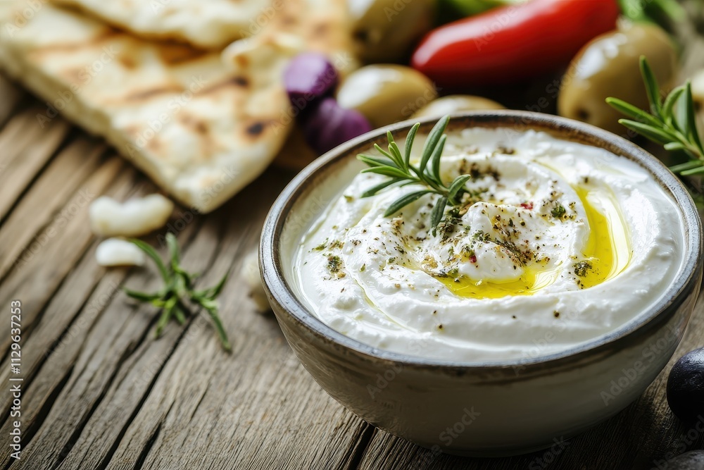 Homemade labneh dip served with olive oil zaatar olives vegetables and pita on a wooden surface ideal for a traditional Middle Eastern breakfast Homemade labneh dip served with olive oil zaatar olives vegetables and pita on a wooden surface ideal for a traditional Middle Eastern breakfast