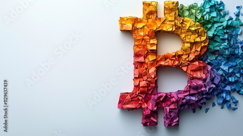 origami inspired illustration features Bitcoin symbol created colorful paper highlights geometric precision and folded textures clean white backdrop. photo